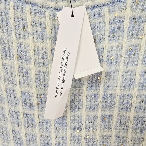 Talbots M Crewneck Sweater Sequin Plaid Blue Short Sleeve Preppy Academic NWT - Picture 9 of 12